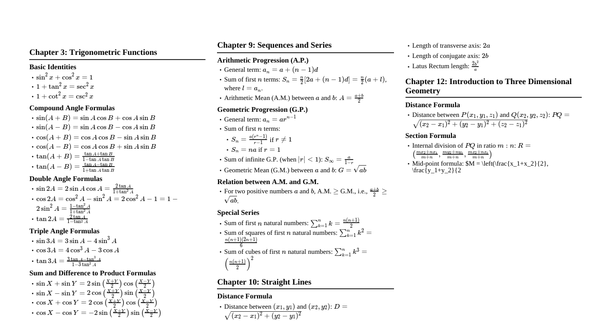 NCERT Class 11 Maths Formulas