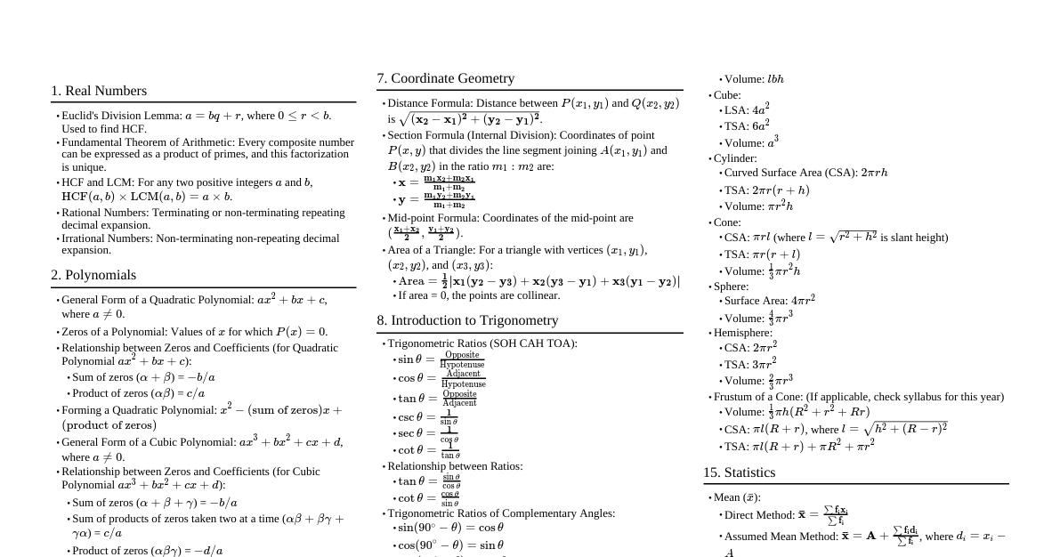 Class 10 Maths Formulae