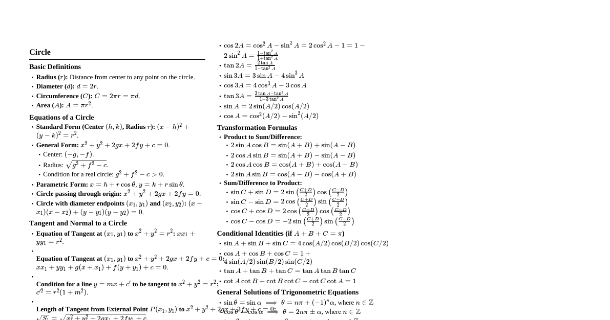Circle and Trigonometry Formulas