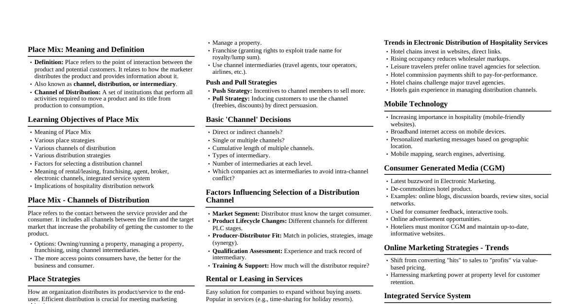 Place Mix in Hospitality Marketing