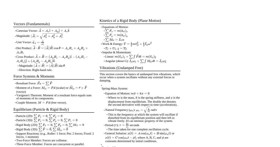 Hibbeler Mechanics Cheatsheet