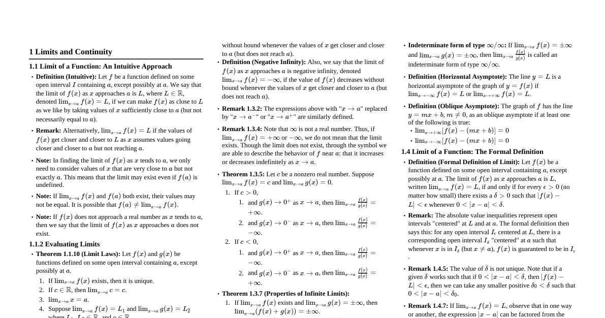 Elementary Analysis I Cheatsheet