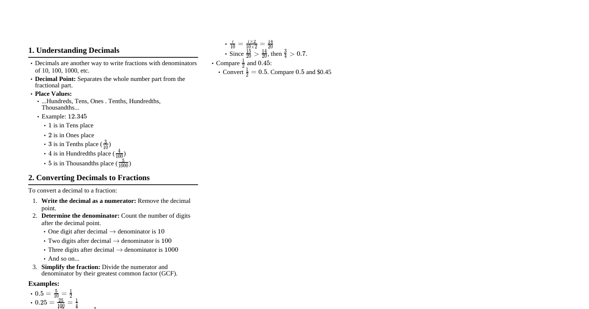 Decimals Cheatsheet - Class 6