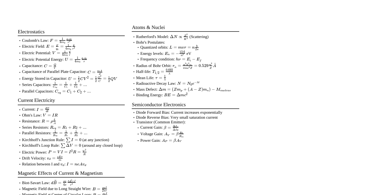 Class 12 Physics Formulas