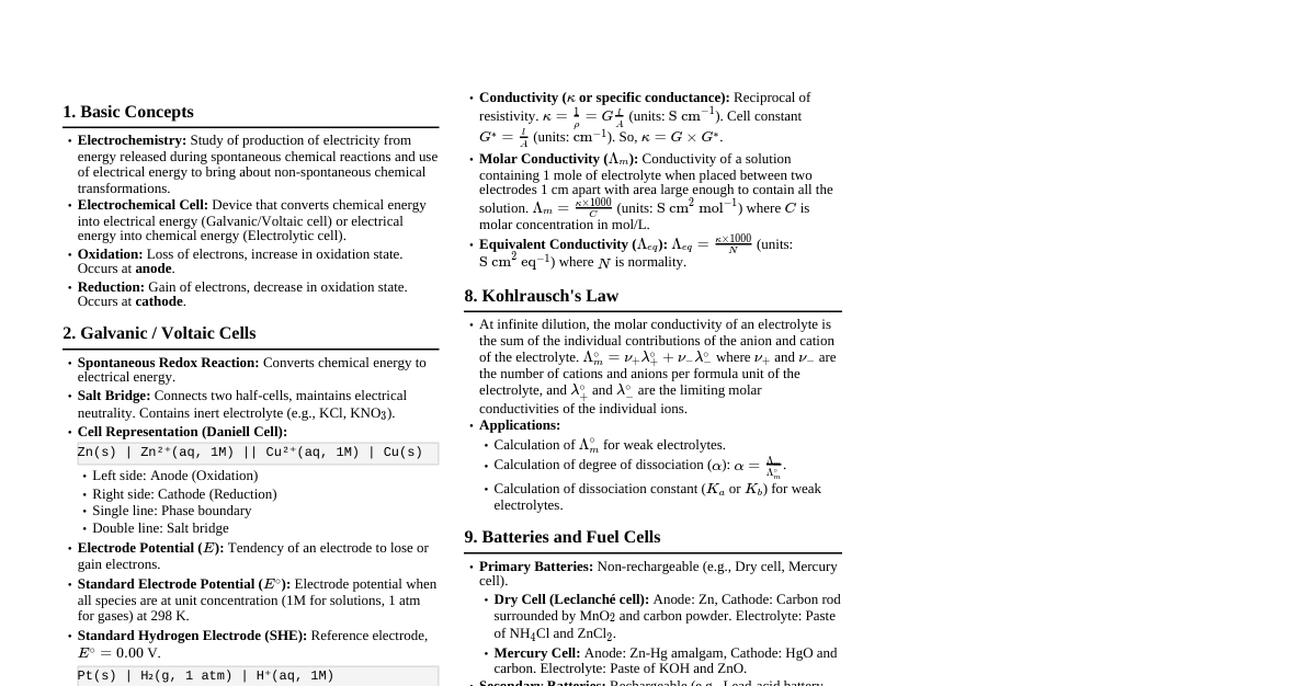 Electrochemistry JEE Cheatsheet