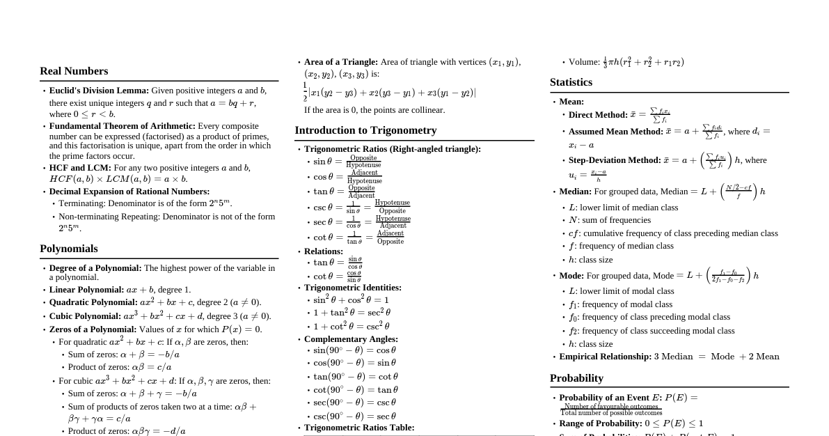 Class 10 Maths Formula Sheet