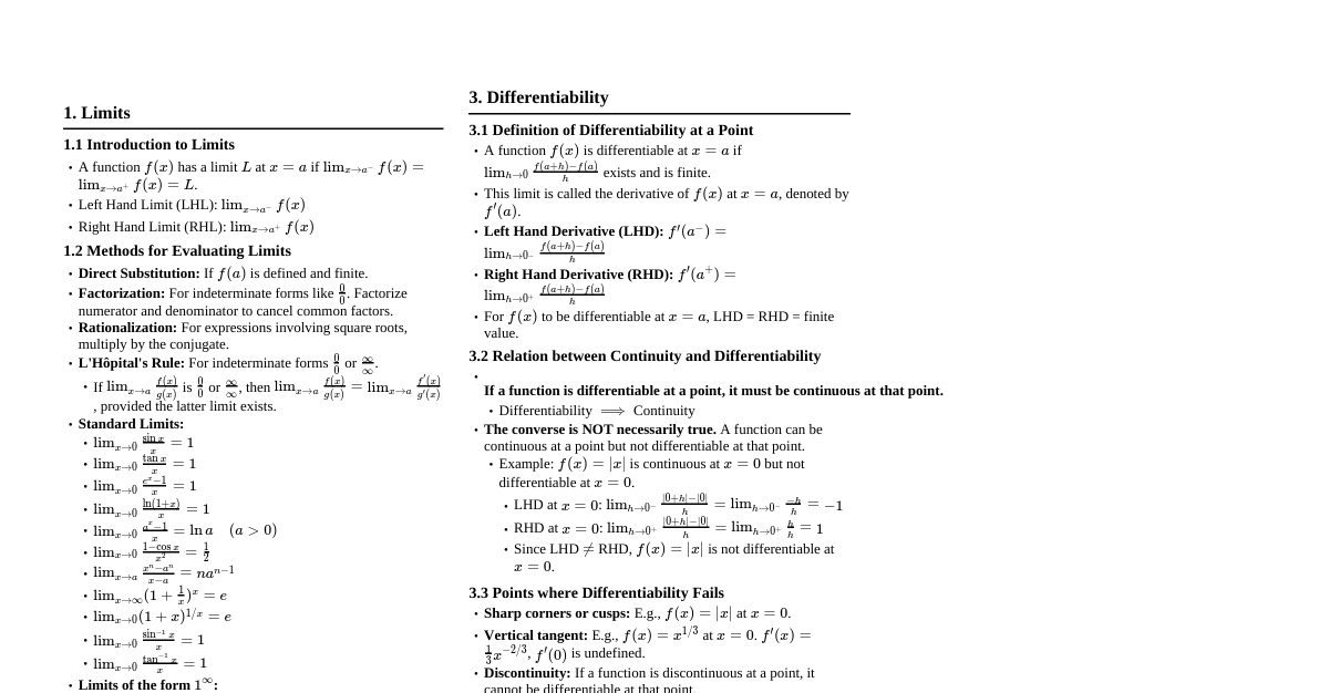 JEE Mains: Limits, Continuity, Different