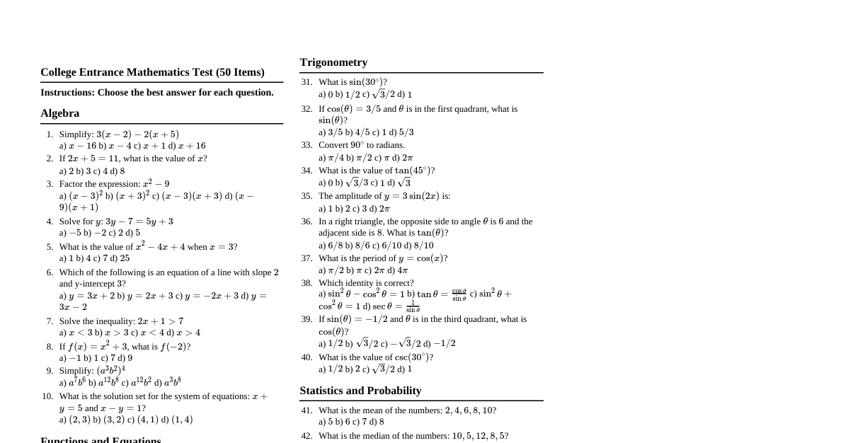 College Entrance Math Test