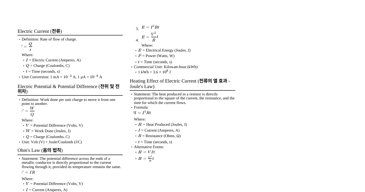 Class 10 Electricity Formulae