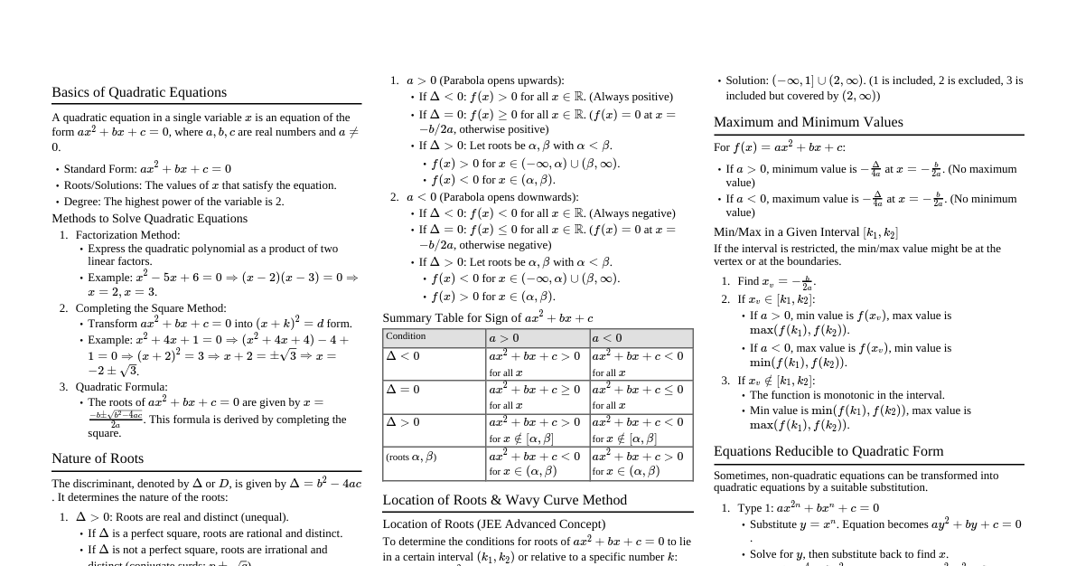 Quadratic Equations (JEE)