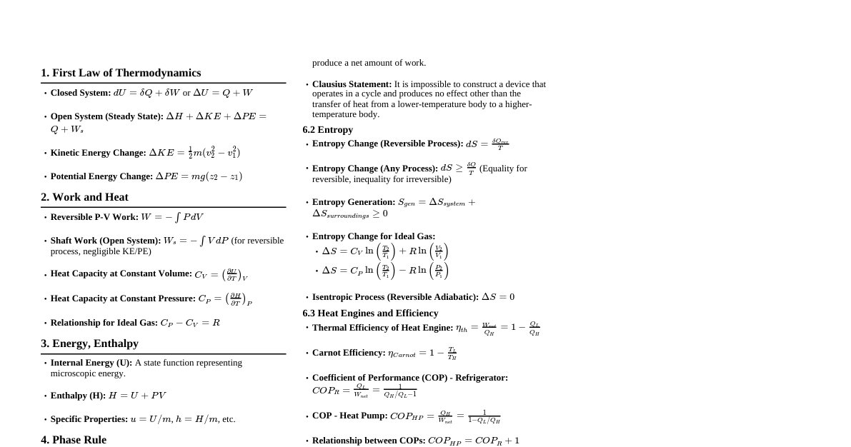 Thermodynamics Formulae Cheatsheet