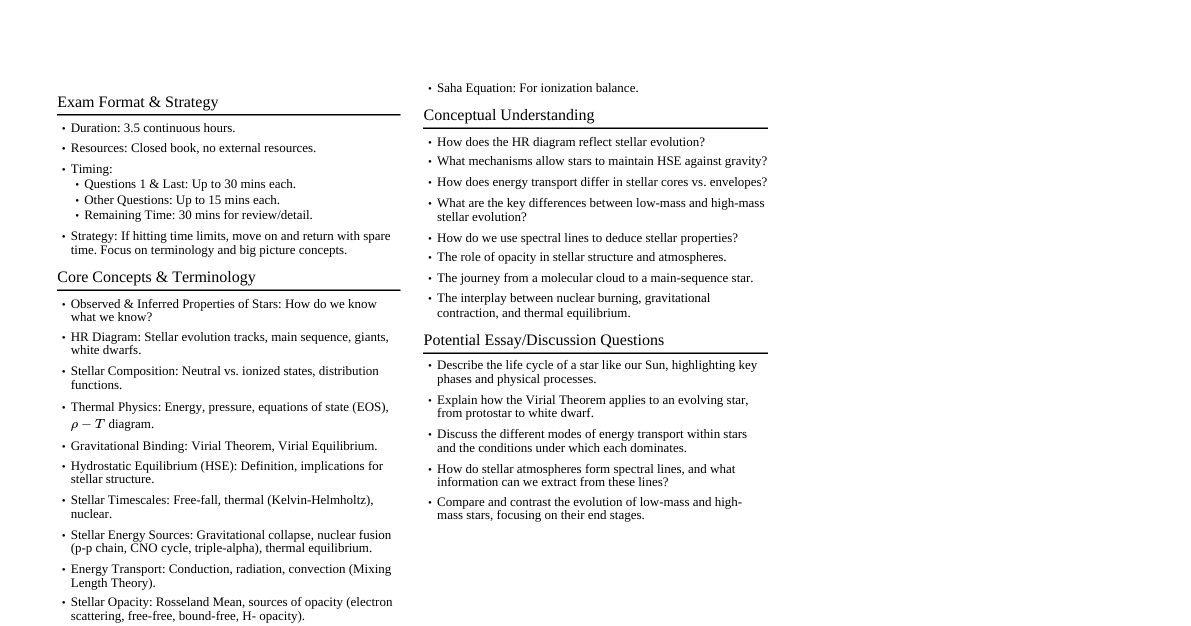 Stellar Astrophysics Final Study Guide