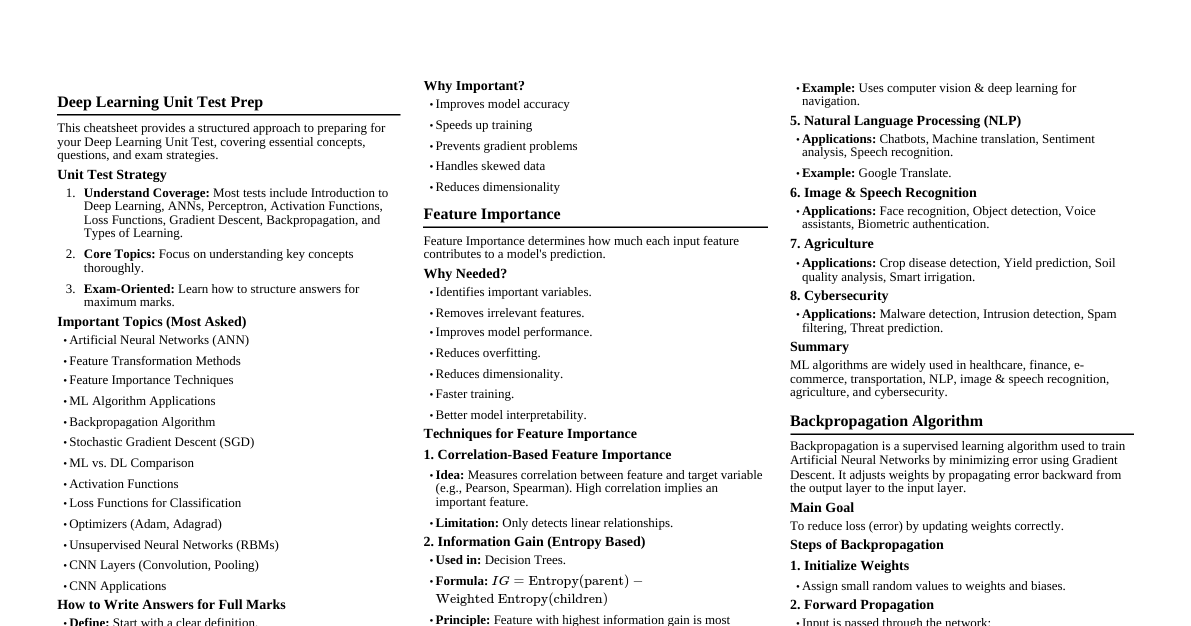 Deep Learning Unit Test Prep