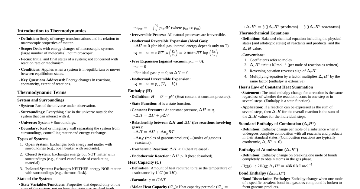Thermodynamics Cheatsheet