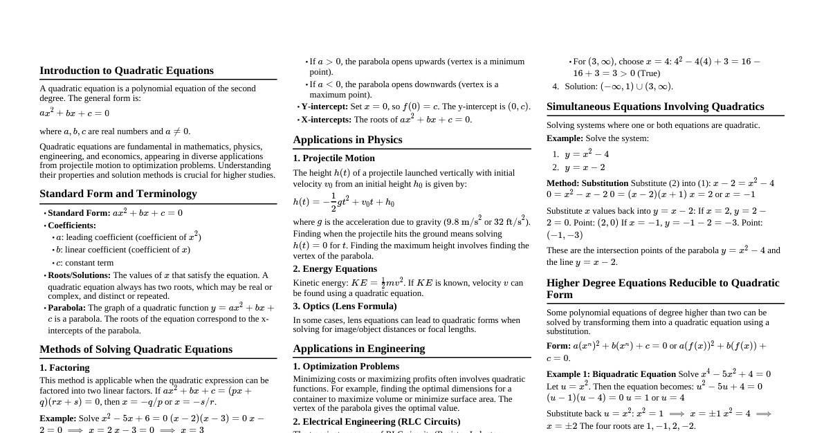 Quadratic Equations Compendium
