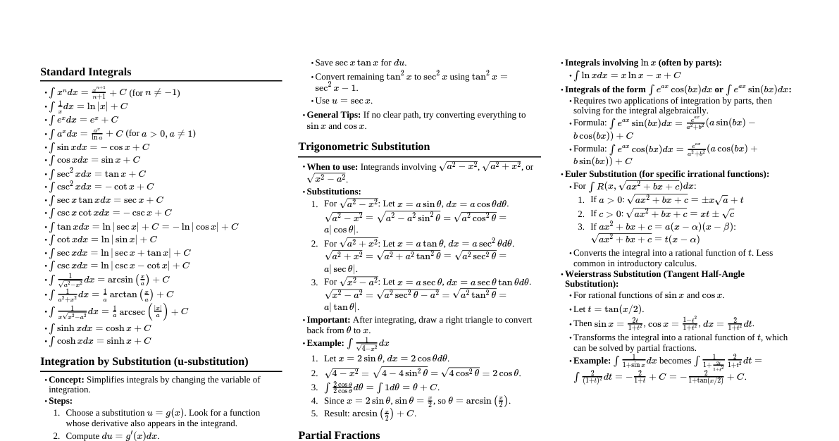 Integral Calculus Cheatsheet