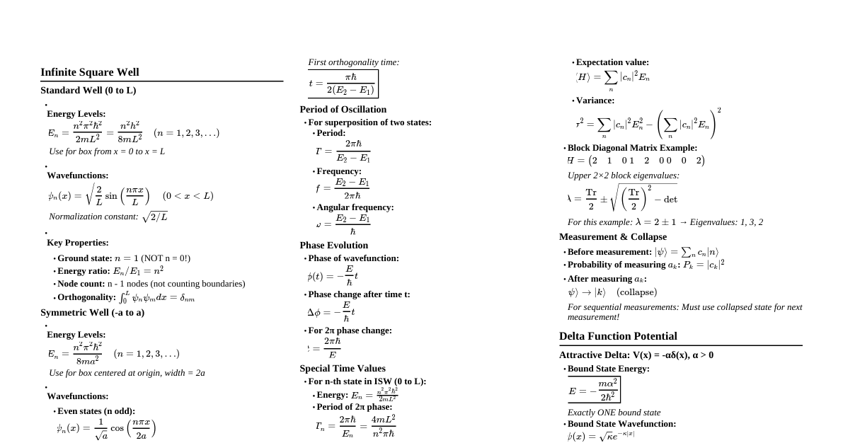 Quantum Mechanics Formulas