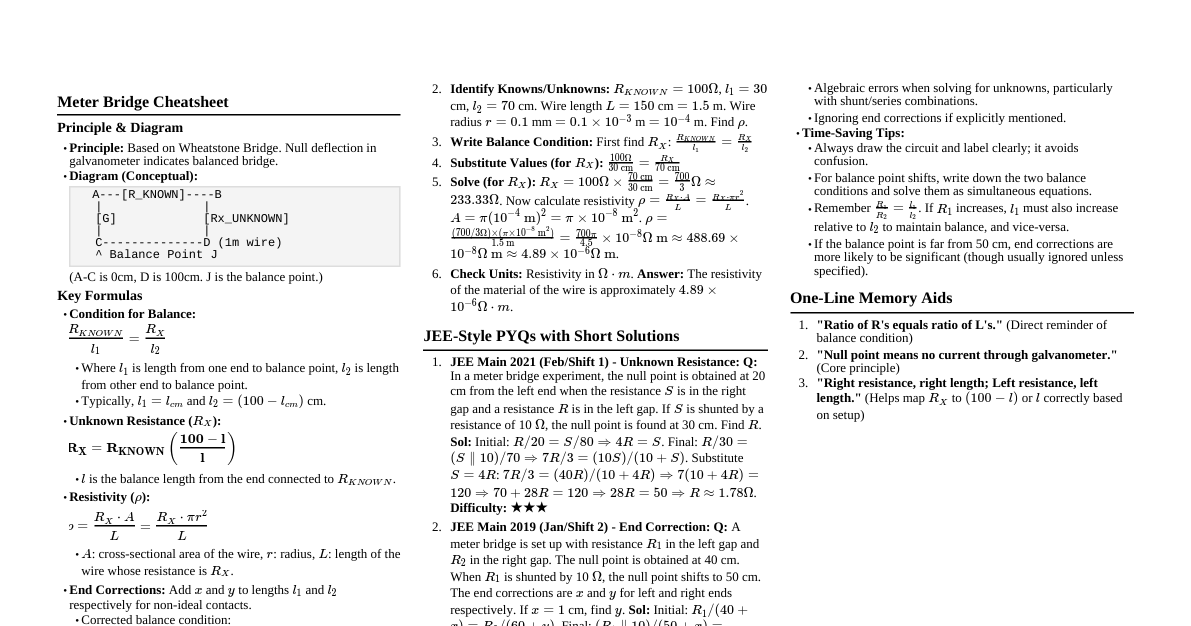 JEE Meter Bridge Cheatsheet