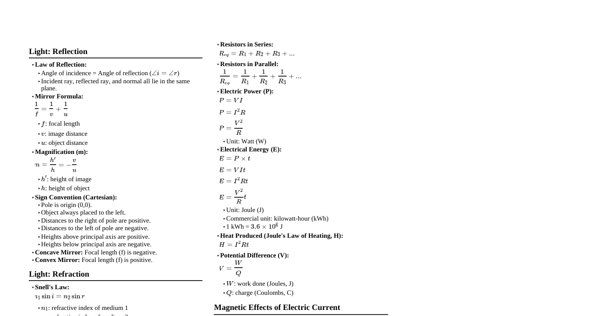 Class 10 Physics Formulas