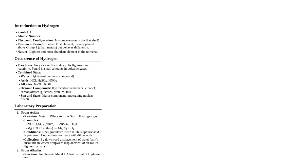 Class 8 Hydrogen Cheatsheet