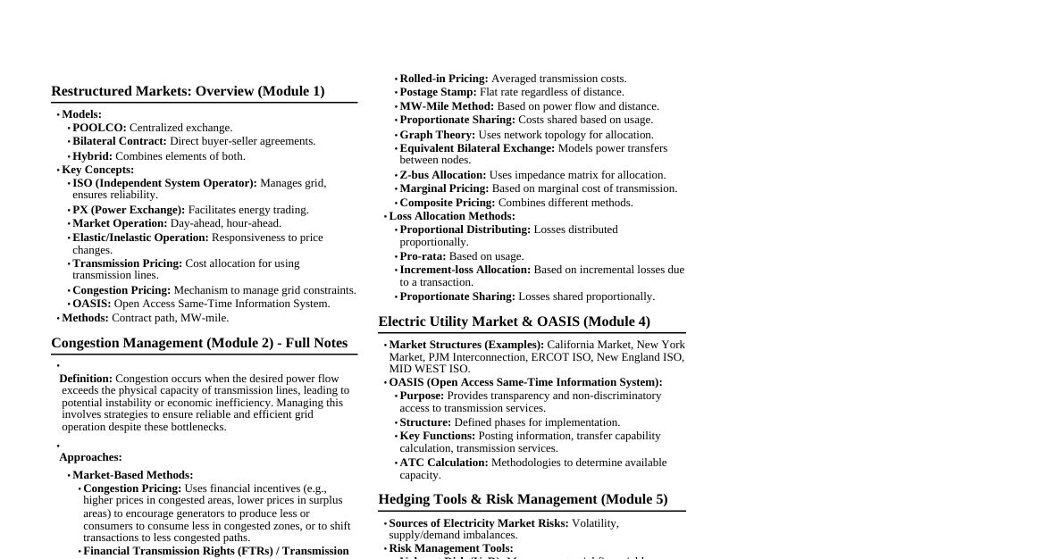 Restructured Electricity Mkts