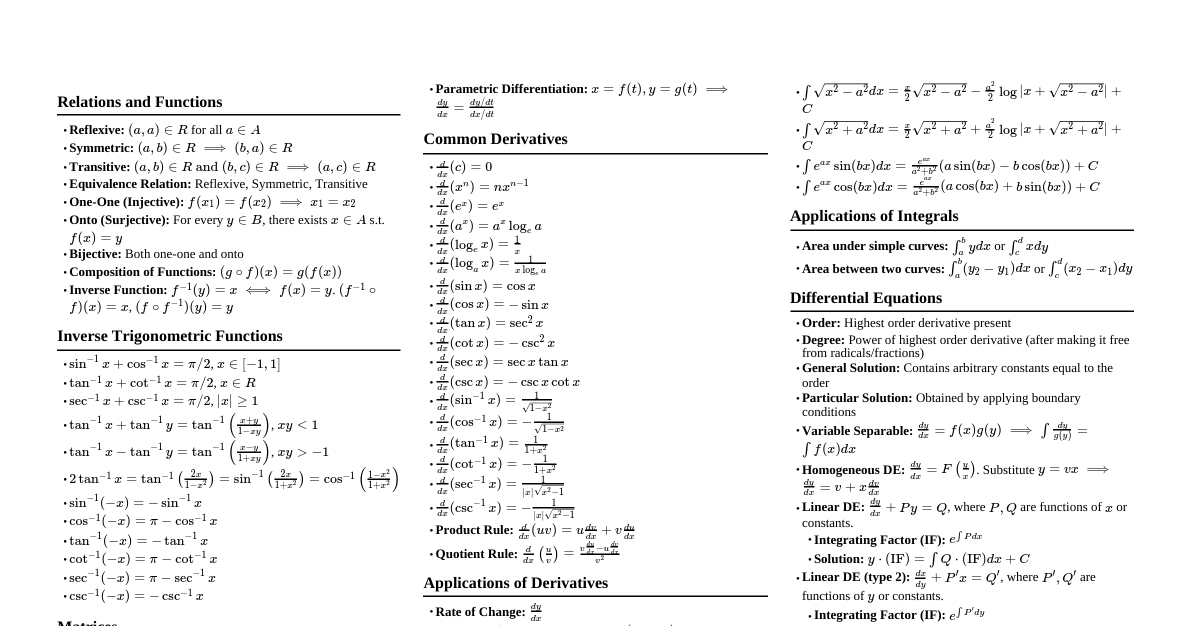 Class 12 Maths Formula Sheet