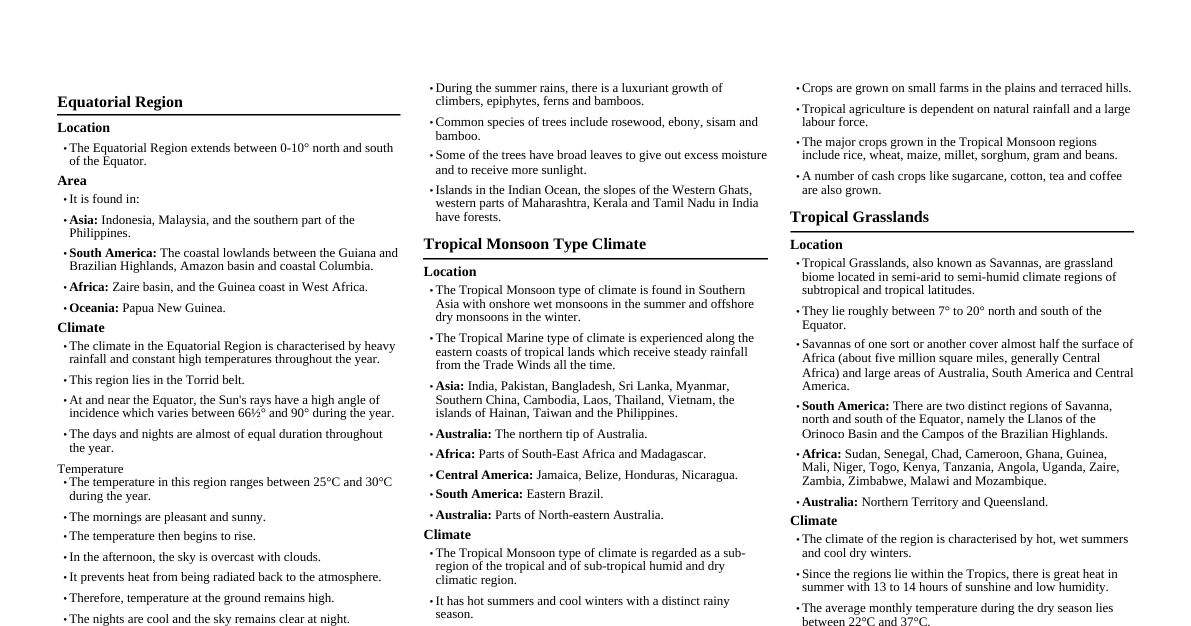 Equatorial & Tropical Regions