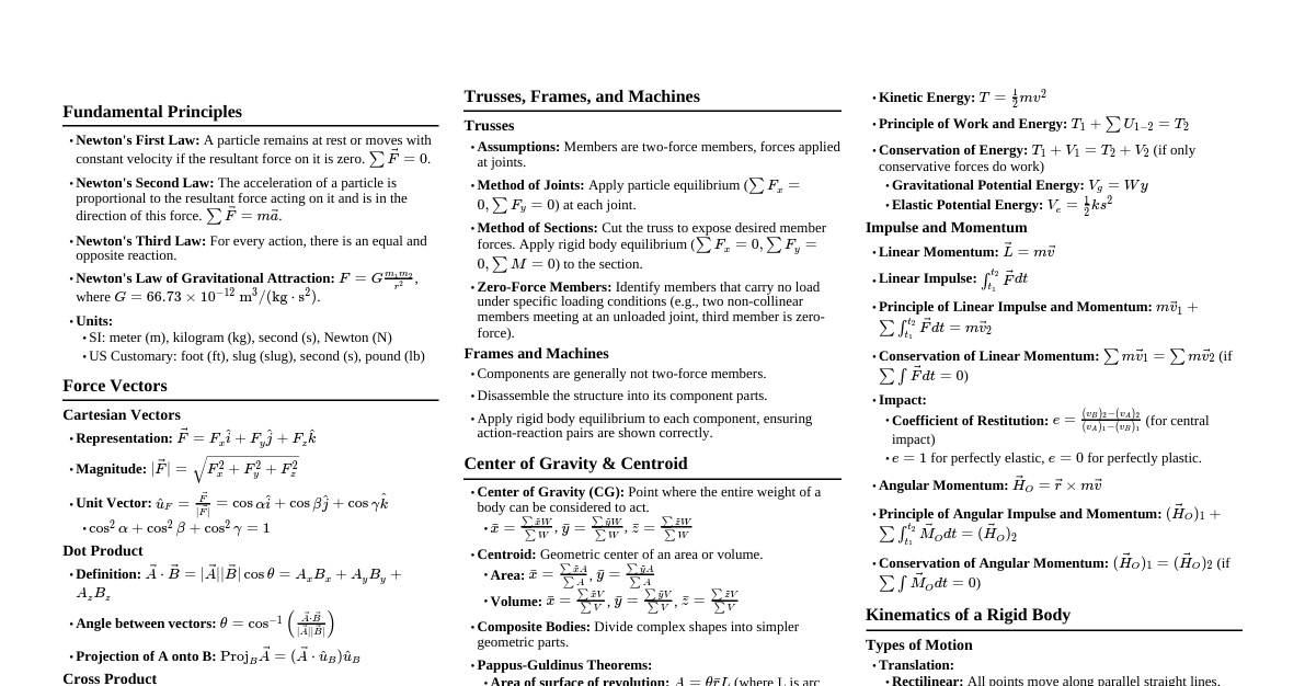 Hibbeler Mechanics Cheatsheet
