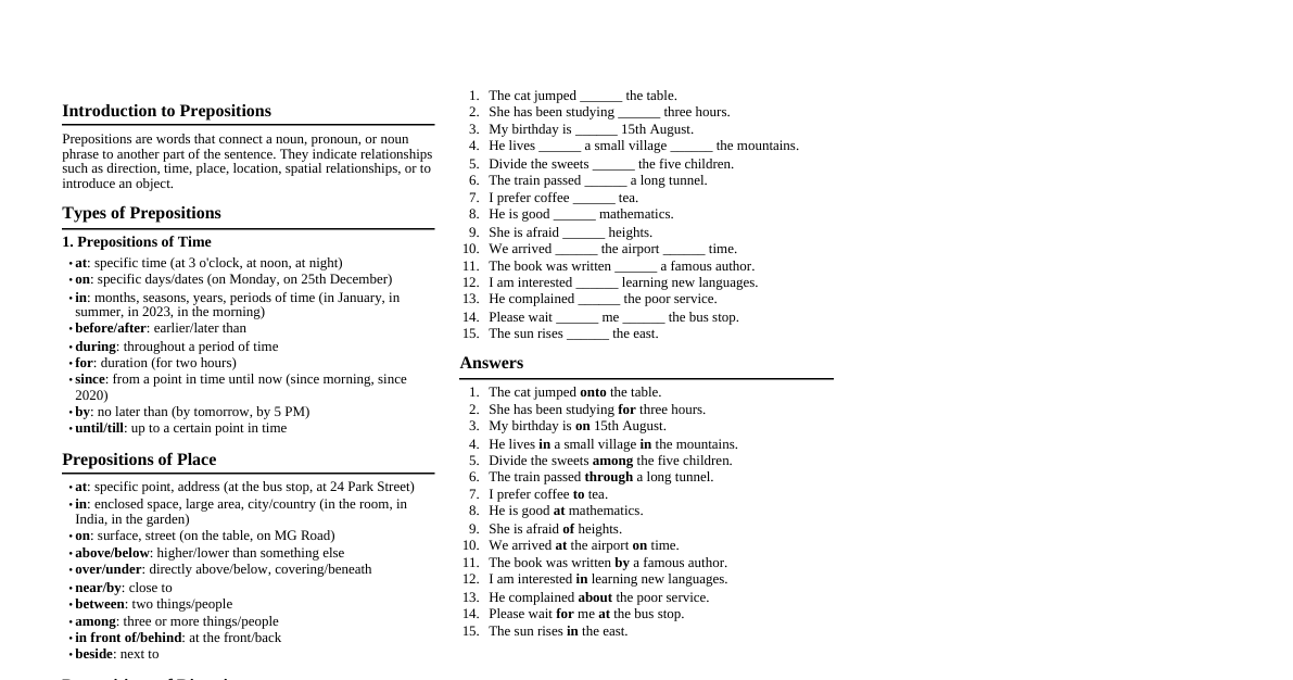 Prepositions (ICSE Class X)