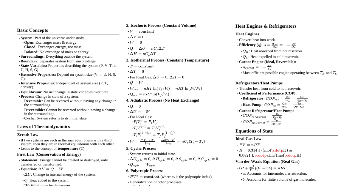 Thermodynamics Cheatsheet