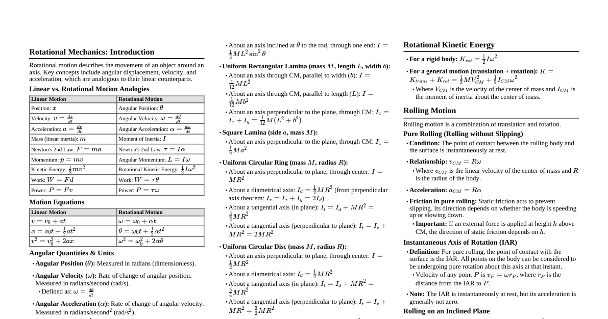 Rotational Mechanics & Chemica