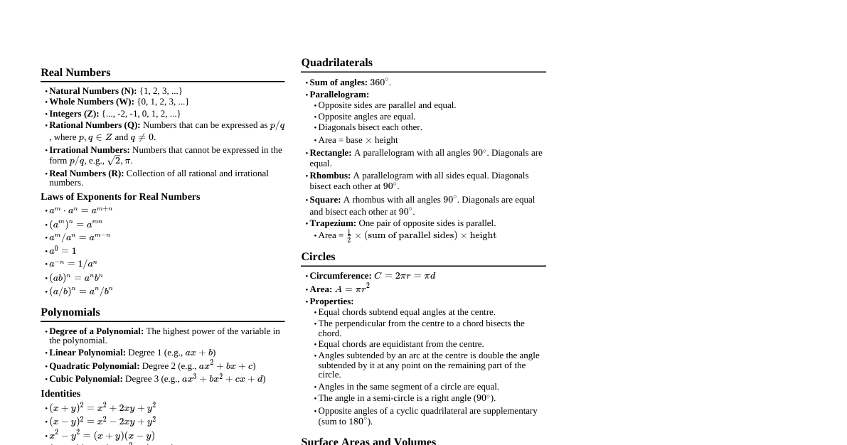 Std 9 Maths Formulae