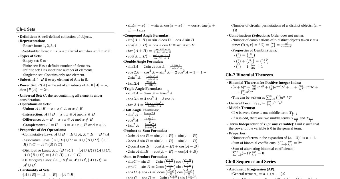 Class 11 Maths Formulas