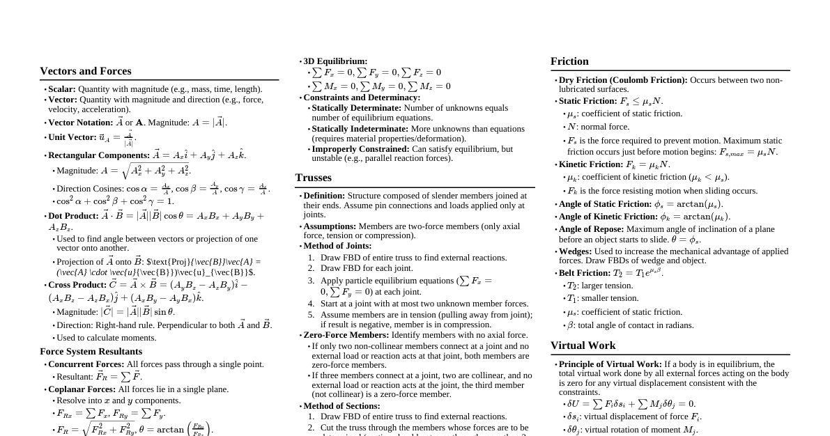 Hibbeler Mechanics Cheatsheet