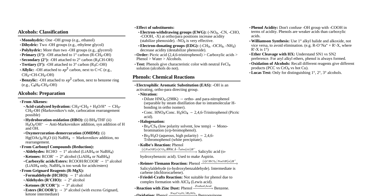 Alcohols, Phenols & Ethers