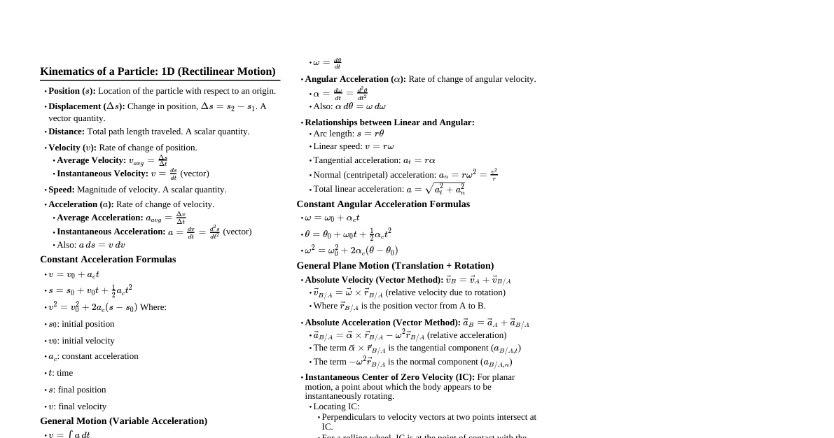 Hibbeler Mechanics Cheatsheet