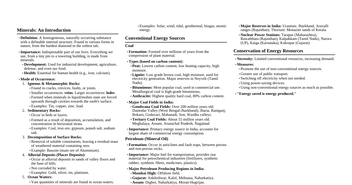 Minerals & Energy (Class 10)