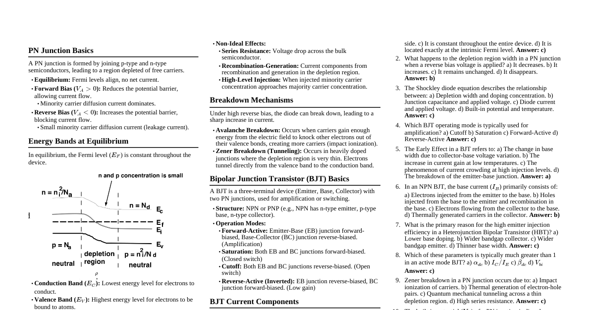 BJT & PN Junctions Cheatsheet (continued)