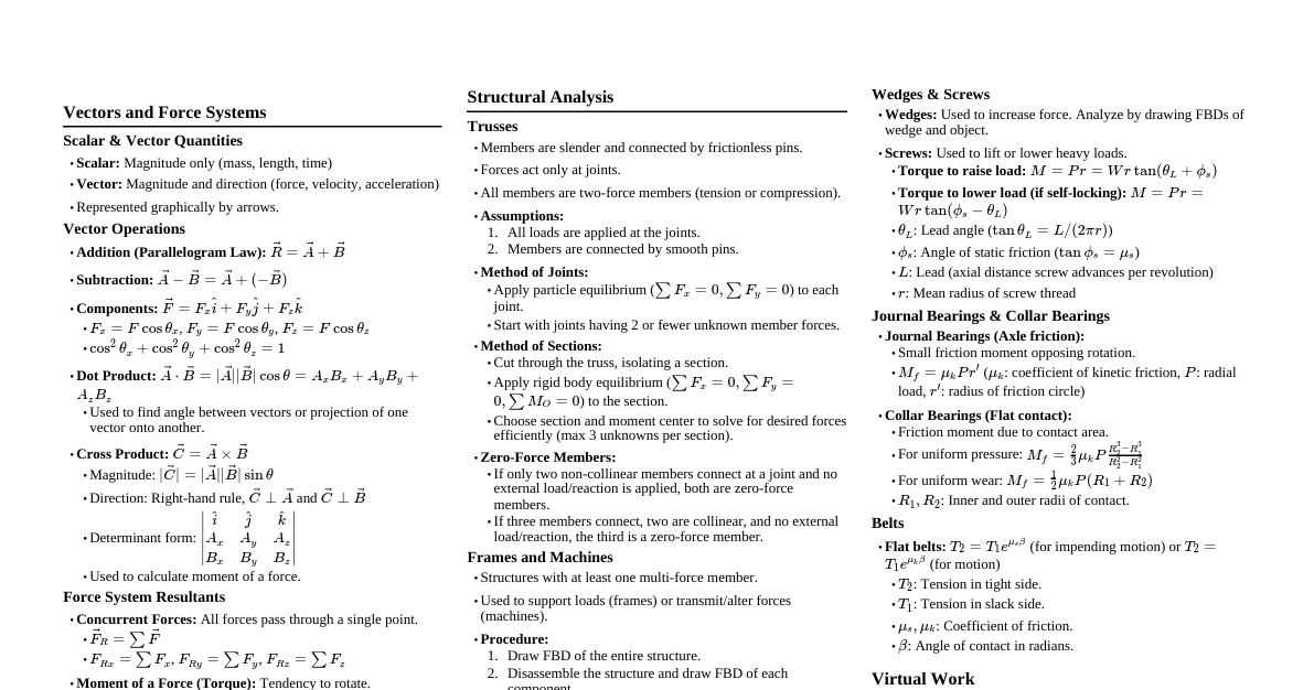 Hibbeler Mechanics Cheatsheet