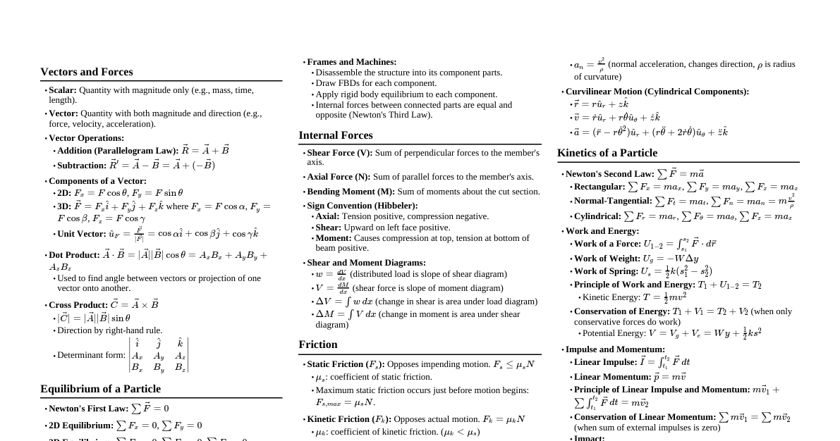 Hibbeler Mechanics Cheatsheet