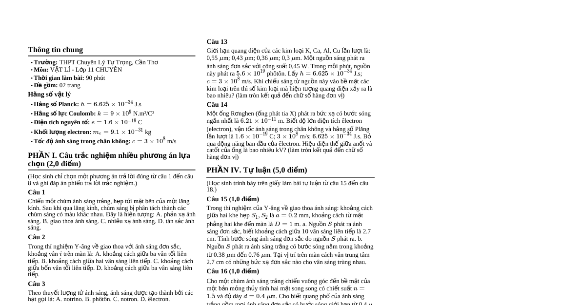 Đề thi Vật lý 11 Chuyên