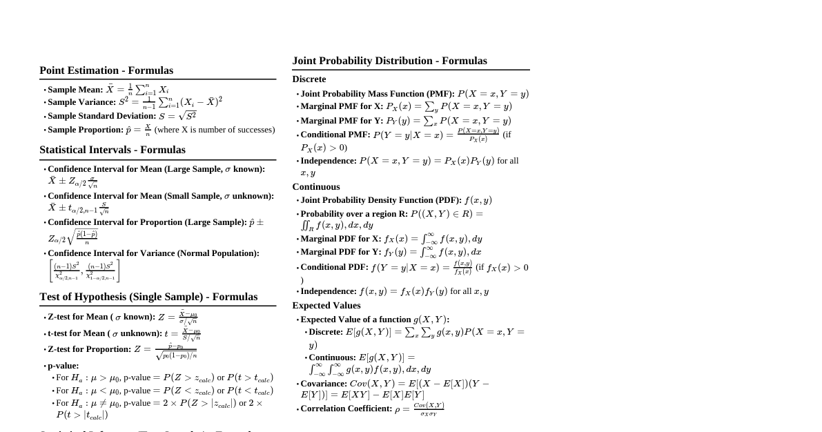 Statistical Inference Formulas