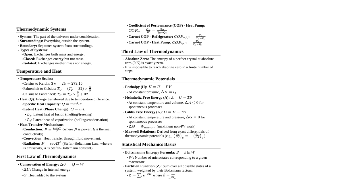 Thermodynamics Formulas