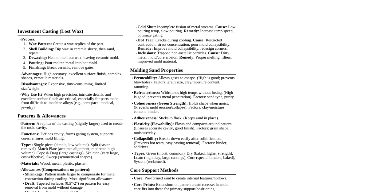 Casting Processes Cheatsheet