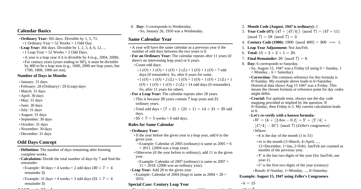 Aptitude Calendar Cheatsheet