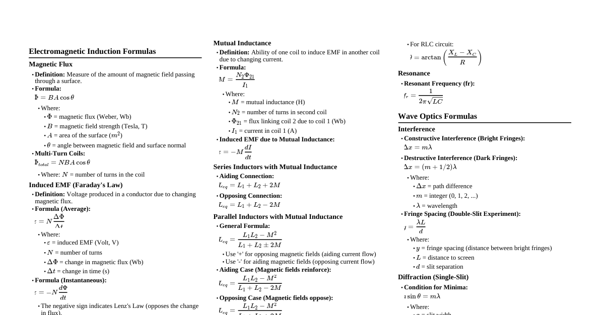 Physics Formulas Summary