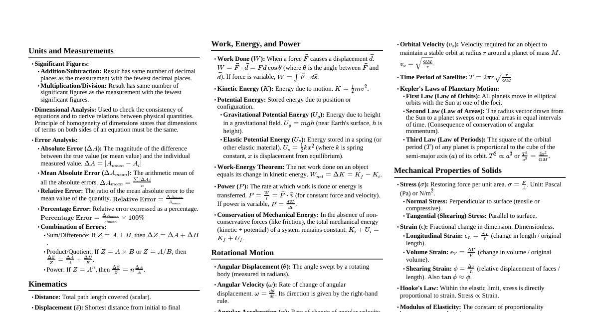 Physics Formulas Class 11