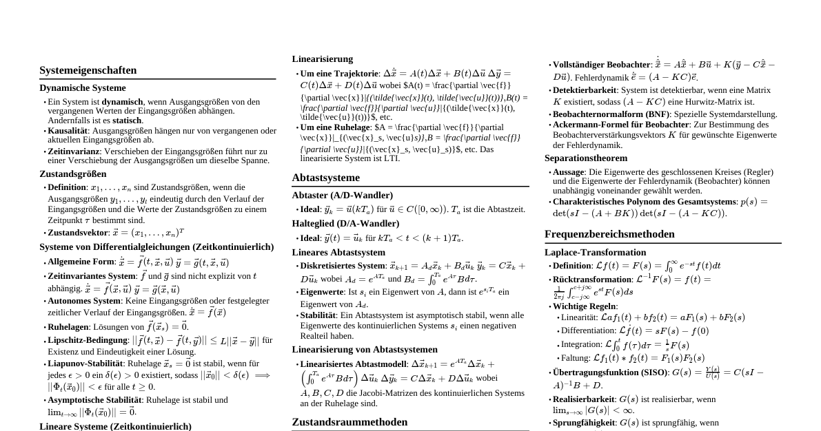 Regelungstechnik Formeln