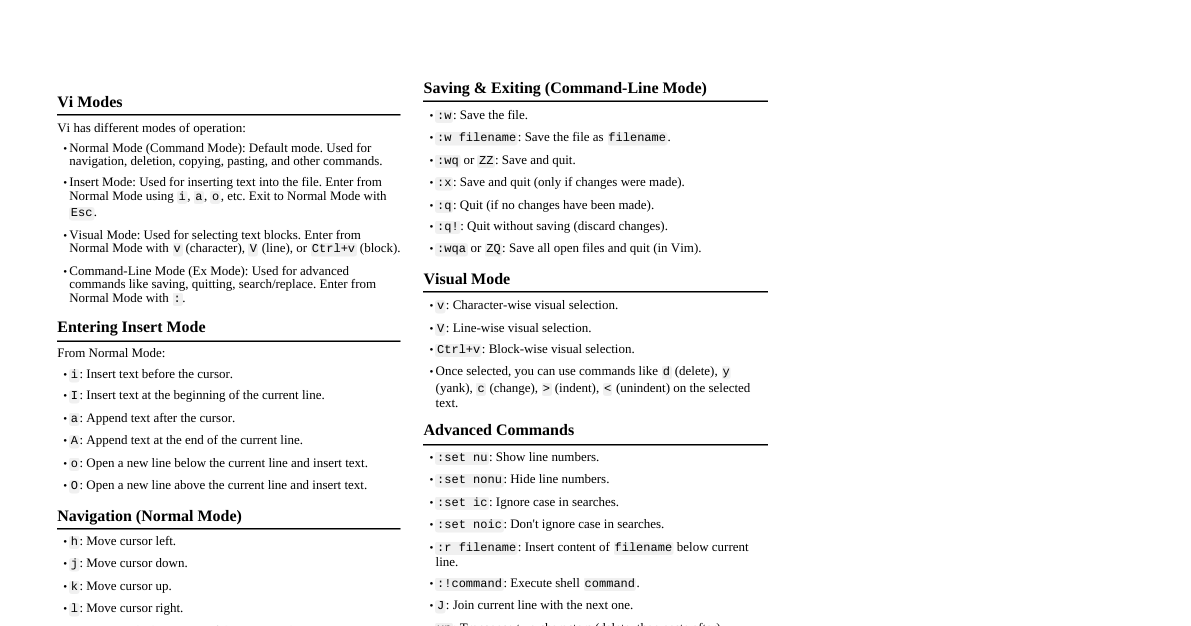 Vi Editor Cheat Sheet