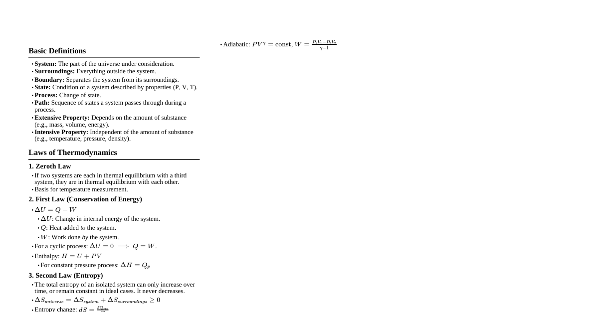 Thermodynamics Cheatsheet